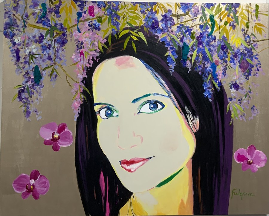Painterly Woman with Wisteria portrait by Maureen Fulgenzi — Purple & soft palette, Palm Beach, FL