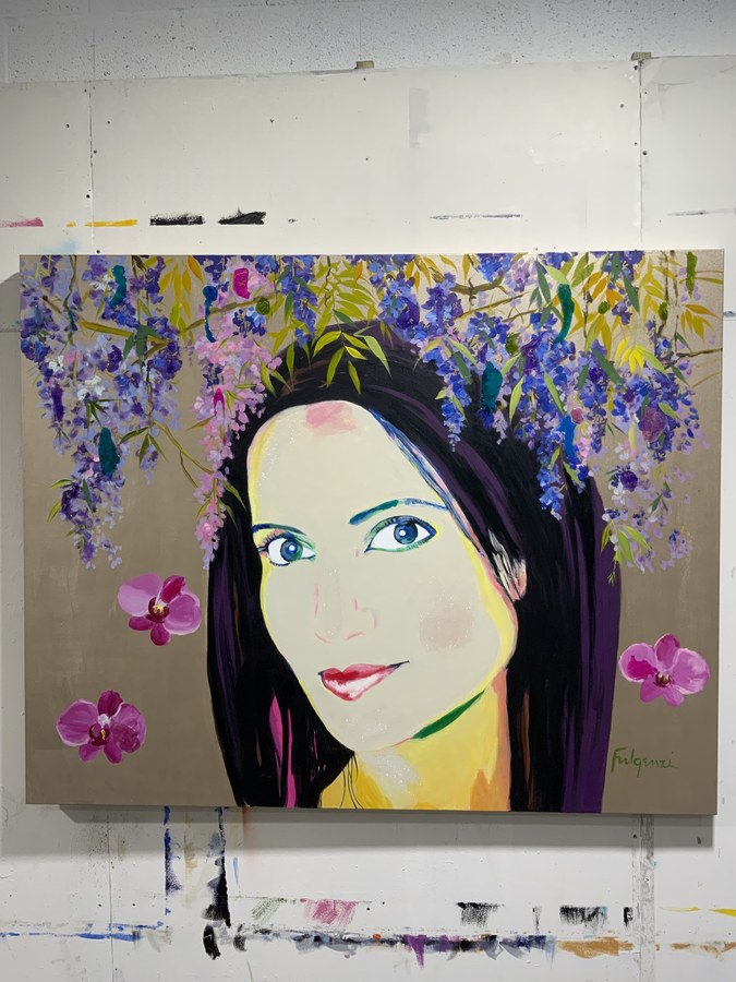 Painterly Woman with Wisteria portrait by Maureen Fulgenzi — Purple & soft palette, Palm Beach, FL