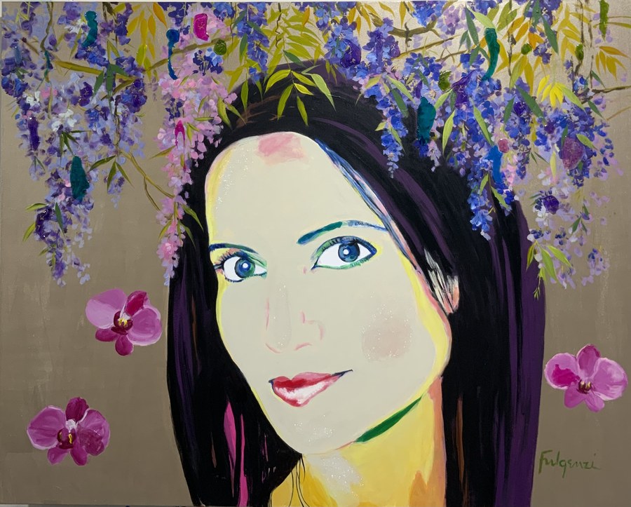 Painterly Woman with Wisteria portrait by Maureen Fulgenzi — Purple & soft palette, Palm Beach, FL