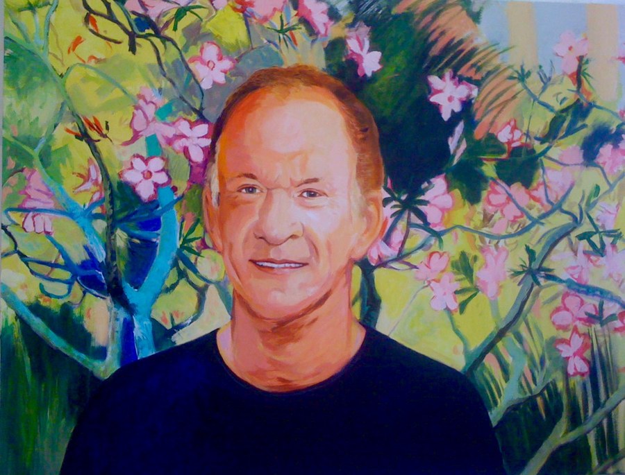 Realistic Man with Cherry Blossom portrait by Maureen Fulgenzi — Blue & pink palette, Palm Beach, FL
