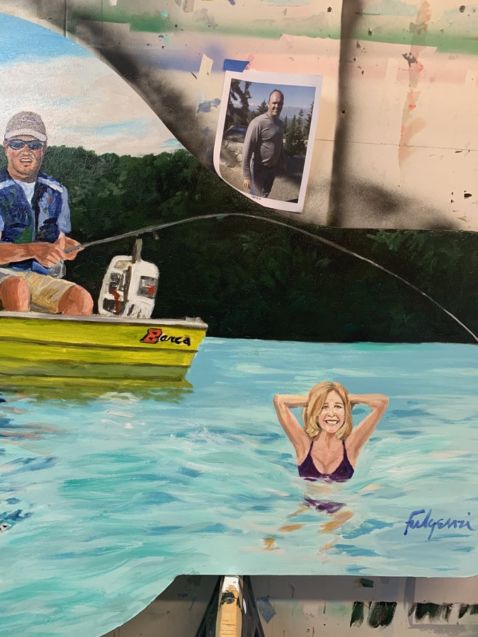 Realistic Two Men Fishing portrait by Maureen Fulgenzi — Green palette, Palm Beach, FL