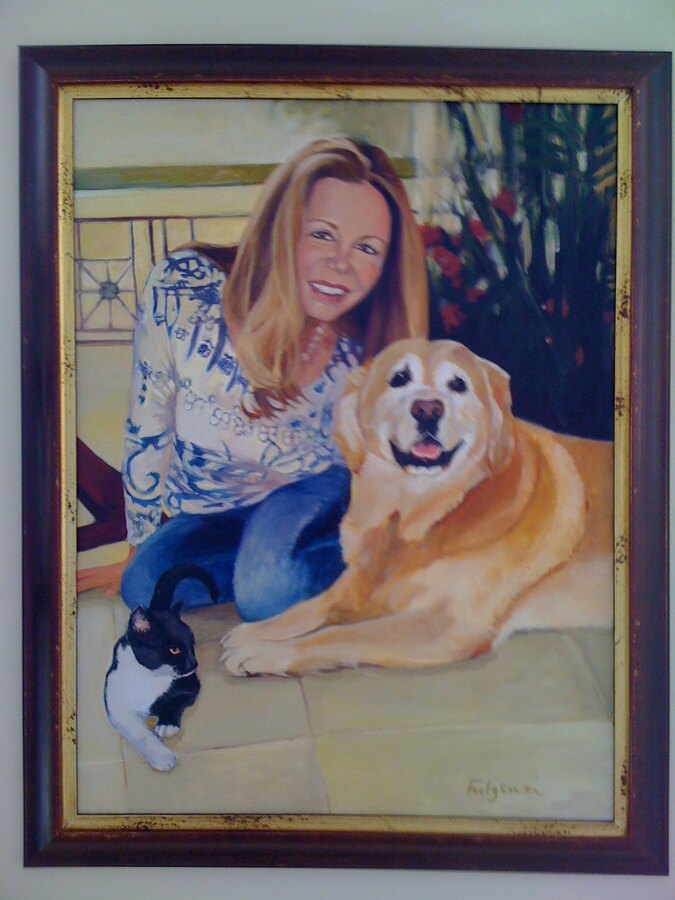 Realistic Woman with Dog portrait by Maureen Fulgenzi — Warm palette, Palm Beach, FL