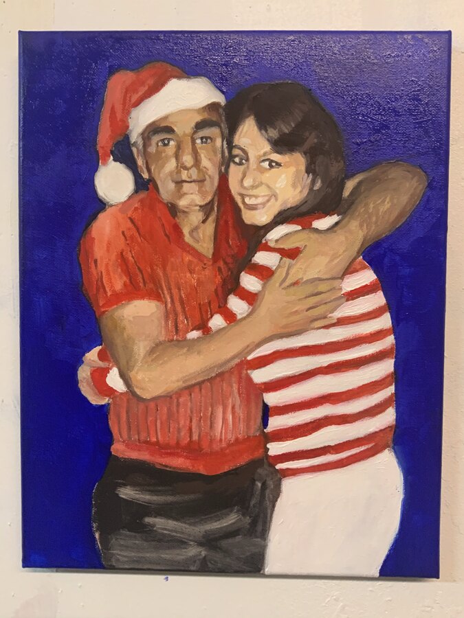 Realistic Holiday Couple portrait by Maureen Fulgenzi — Red & purple palette, Palm Beach, FL