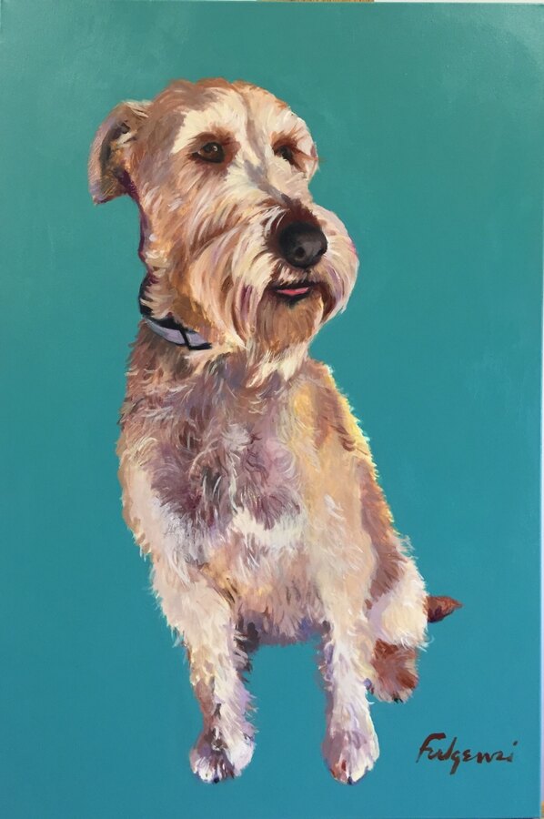 Realistic Terrier pet portrait by Maureen Fulgenzi — Teal palette, Palm Beach, FL