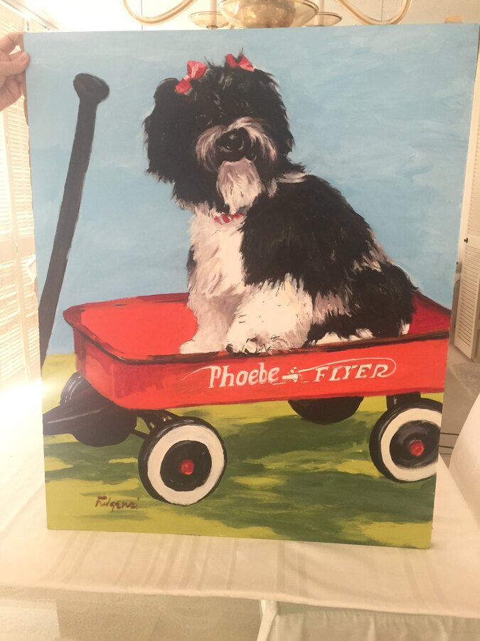 Realistic Dog in Wagon pet portrait by Maureen Fulgenzi — Warm palette, Palm Beach, FL