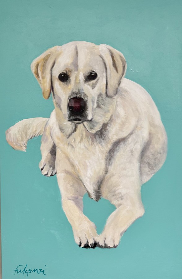 Realistic Yellow Lab pet portrait by Maureen Fulgenzi — Aqua bg palette, Palm Beach, FL