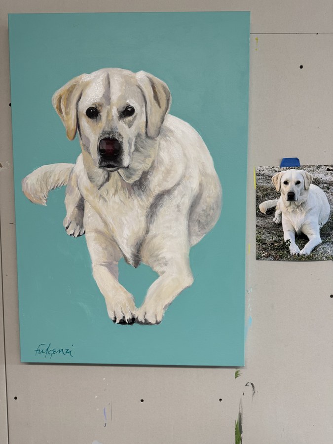Realistic Yellow Lab pet portrait by Maureen Fulgenzi — Aqua bg palette, Palm Beach, FL
