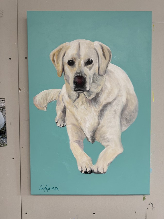 Realistic Yellow Lab pet portrait by Maureen Fulgenzi — Aqua bg palette, Palm Beach, FL