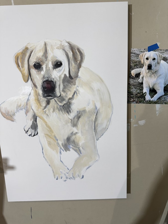 Realistic Yellow Lab pet portrait by Maureen Fulgenzi — Aqua bg palette, Palm Beach, FL