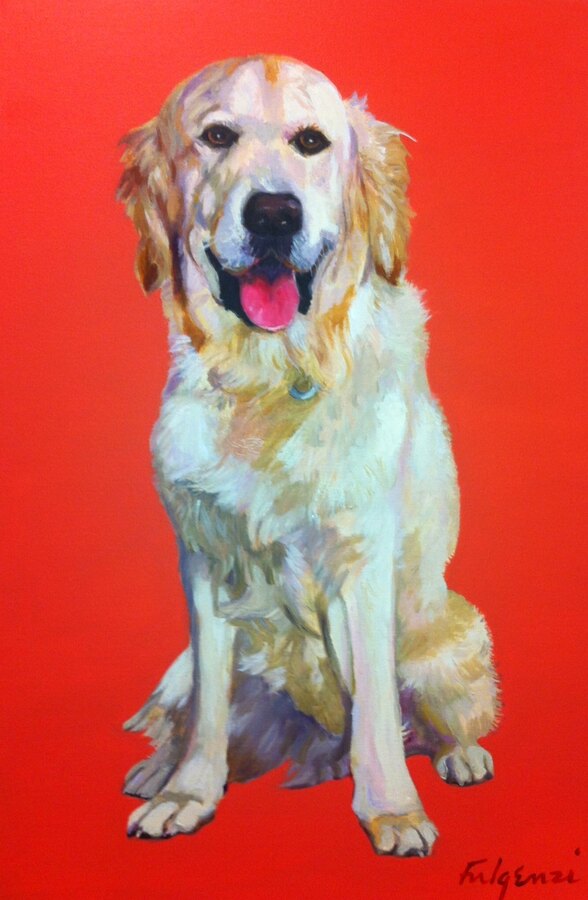 Painterly Golden Retriever pet portrait by Maureen Fulgenzi — Vivid red bg palette, Palm Beach, FL