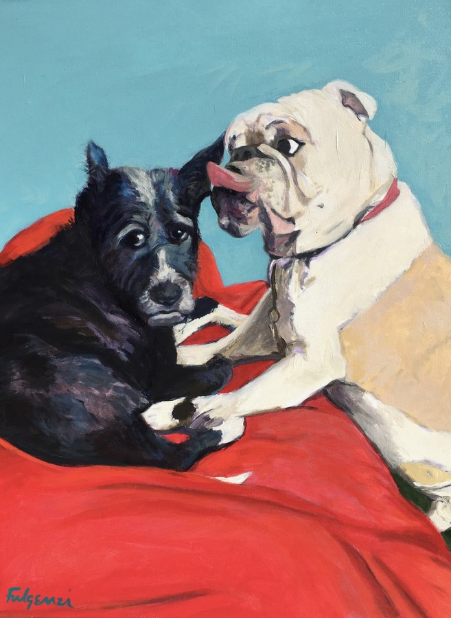 Realistic Two Dogs pet portrait by Maureen Fulgenzi — Red palette, Palm Beach, FL