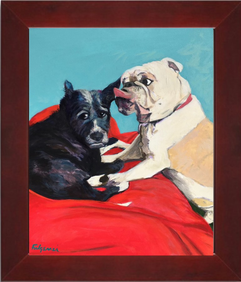 Realistic Two Dogs pet portrait by Maureen Fulgenzi — Red palette, Palm Beach, FL