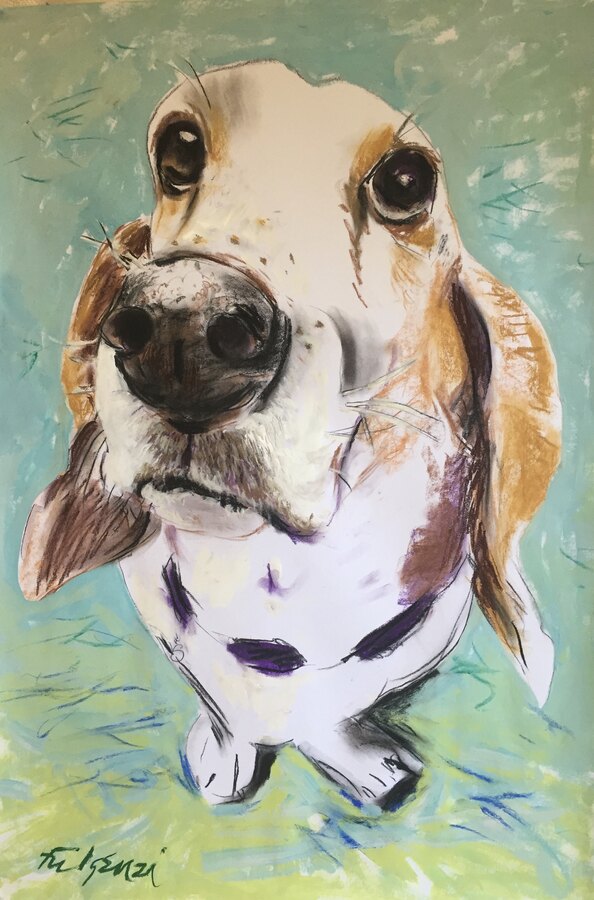Painterly Hound Close-Up pet portrait by Maureen Fulgenzi — Green palette, Palm Beach, FL
