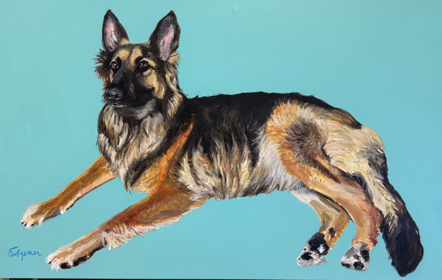 Realistic German Shepherd pet portrait by Maureen Fulgenzi — Blue bg palette, Palm Beach, FL