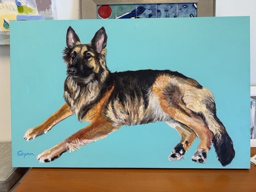 Realistic German Shepherd pet portrait by Maureen Fulgenzi — Blue bg palette, Palm Beach, FL