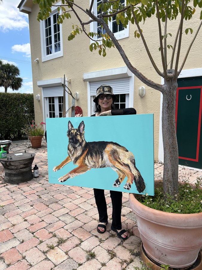 Realistic German Shepherd pet portrait by Maureen Fulgenzi — Blue bg palette, Palm Beach, FL