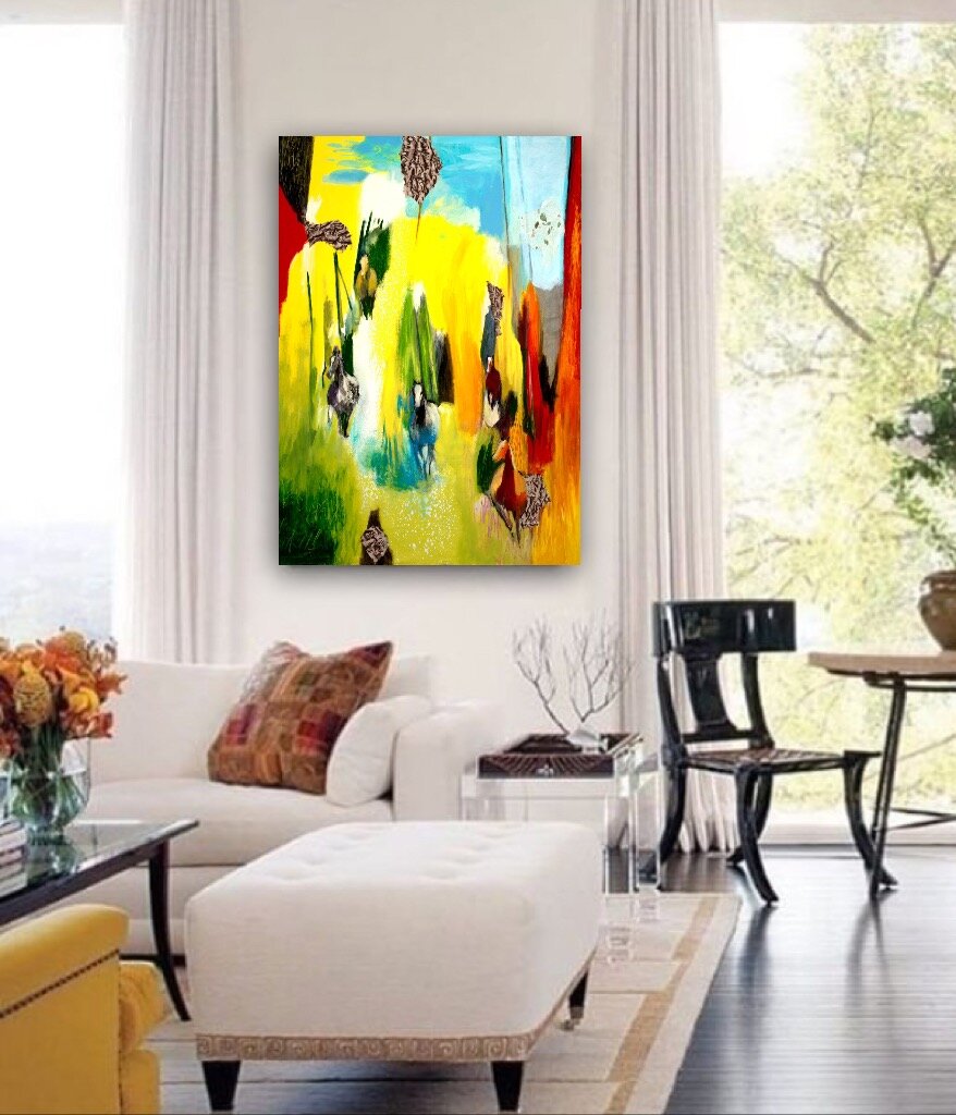 Original abstract painting installed above a sofa in a bright Palm Beach living room