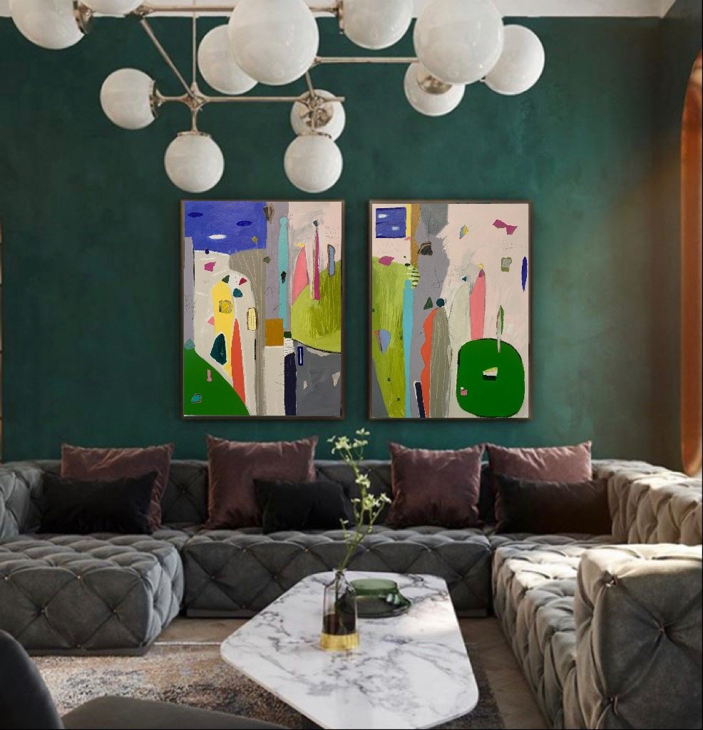 Two abstract figure paintings by Maureen Fulgenzi grouped above a sofa in a teal-walled Palm Beach living room