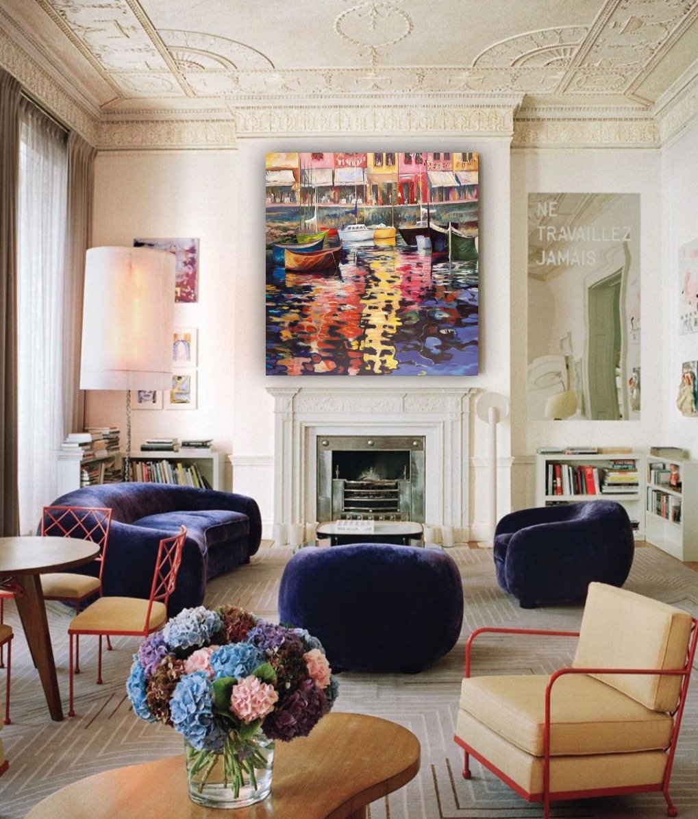 Abstract painting by Maureen Fulgenzi above a marble fireplace mantel in an ornate white living room, Palm Beach, FL