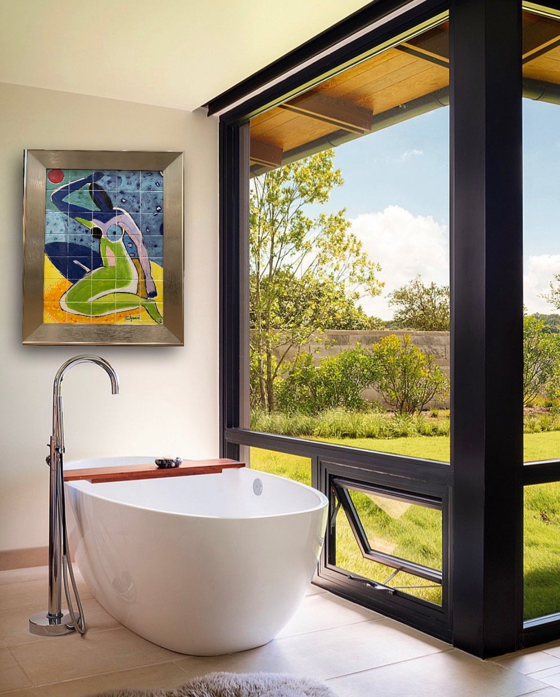 Figurative painting by Maureen Fulgenzi on a black-framed window wall above a freestanding tub, Palm Beach, FL
