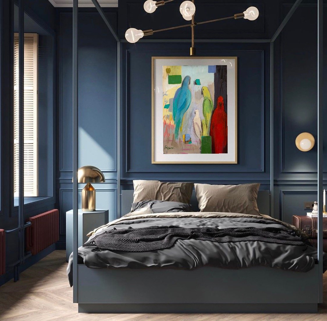 Abstract figures painting by Maureen Fulgenzi above an upholstered bed in a deep navy bedroom, Palm Beach, FL