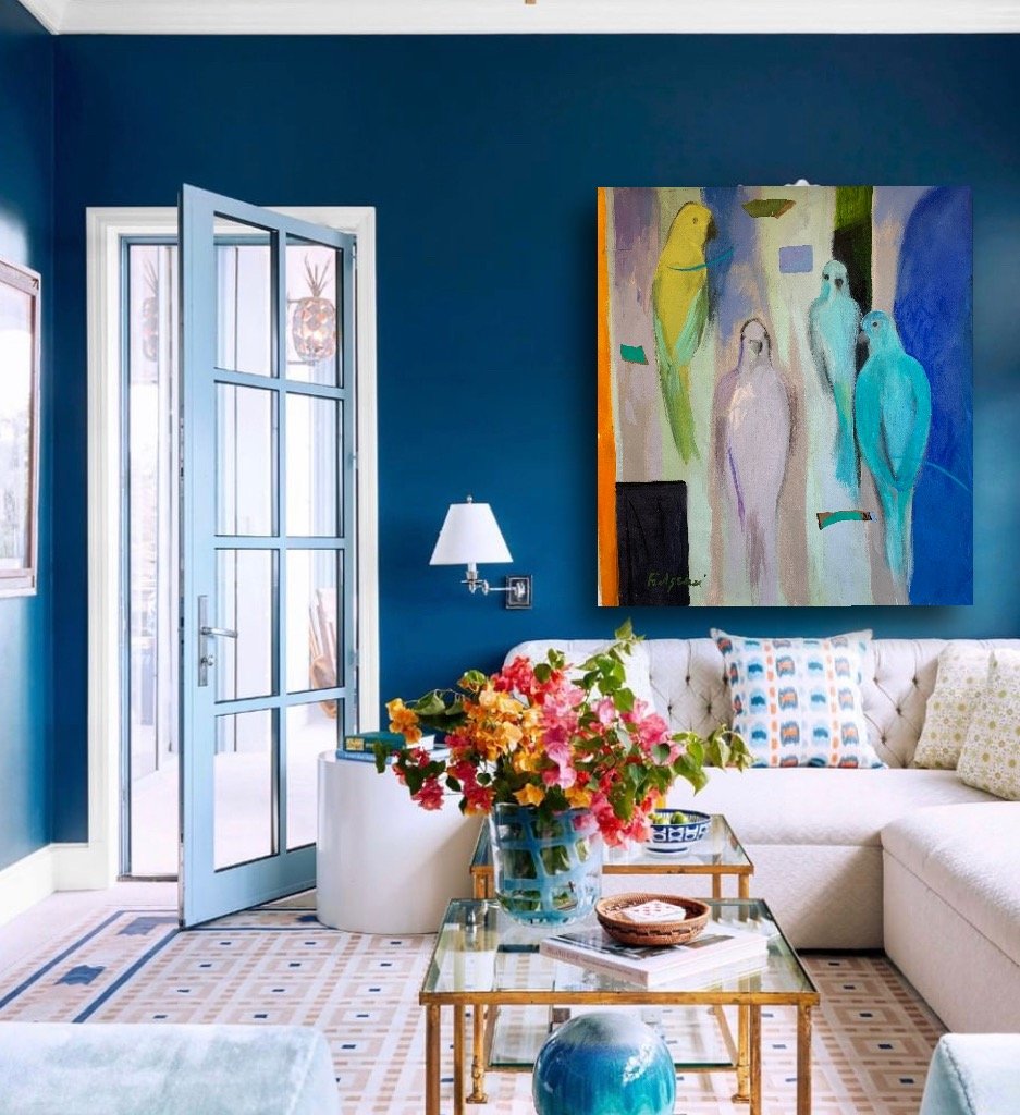 Abstract figures painting by Maureen Fulgenzi in a navy living room with French doors and fresh florals, Palm Beach, FL