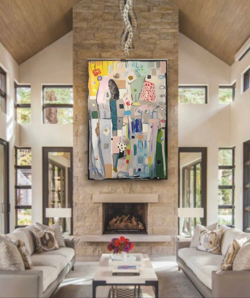 Tall abstract figures painting by Maureen Fulgenzi above a stone fireplace in a vaulted-ceiling living room, Palm Beach, FL