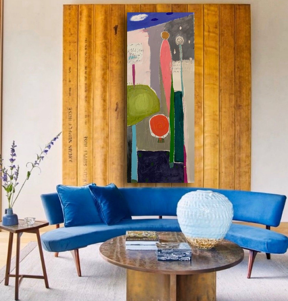 Tall mixed-media abstract painting by Maureen Fulgenzi against a wood accent wall with a curved blue sofa, Palm Beach, FL