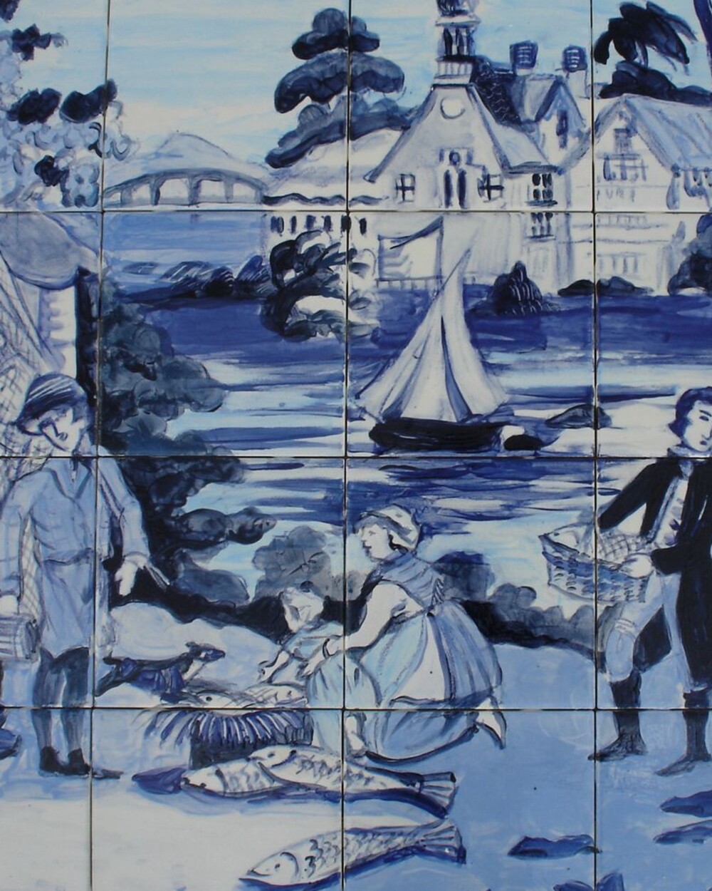 Hand-painted blue and white delft-style tile mural of a coastal harbor town with fish market vendors and a sailboat, by Maureen Fulgenzi — blue and white palette, Palm Beach, FL