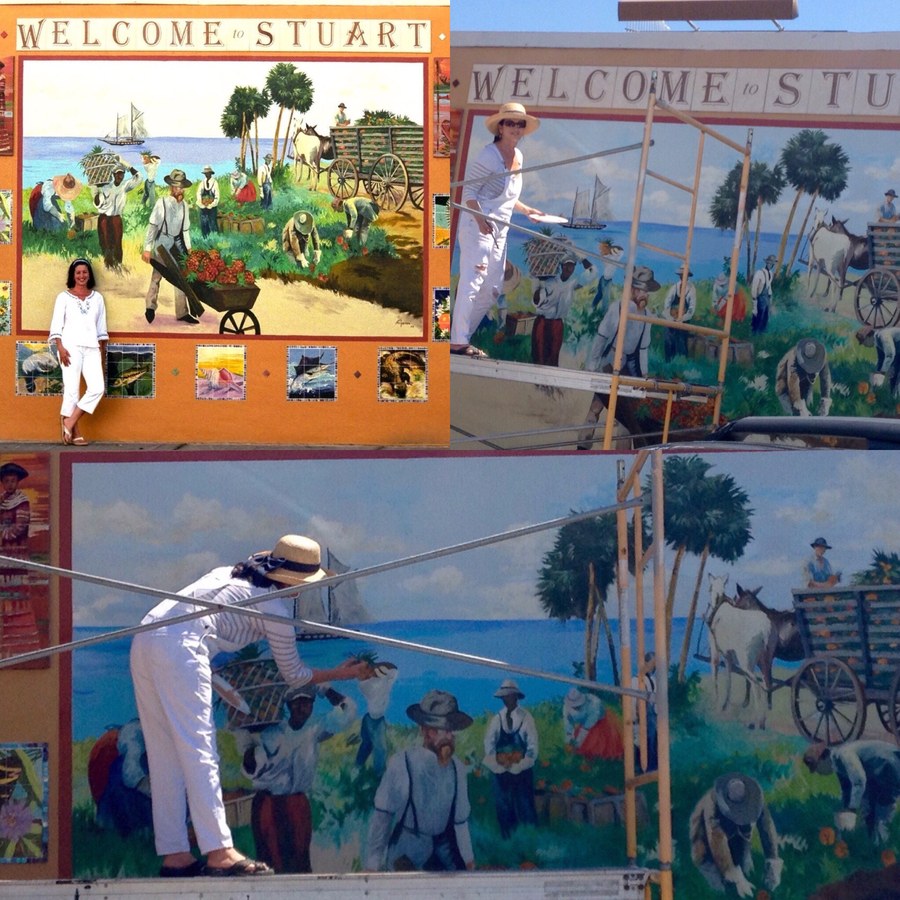 Maureen Fulgenzi on site painting and posing beside the finished Historic Stuart tile mural, four-photo process collage, Palm Beach, FL