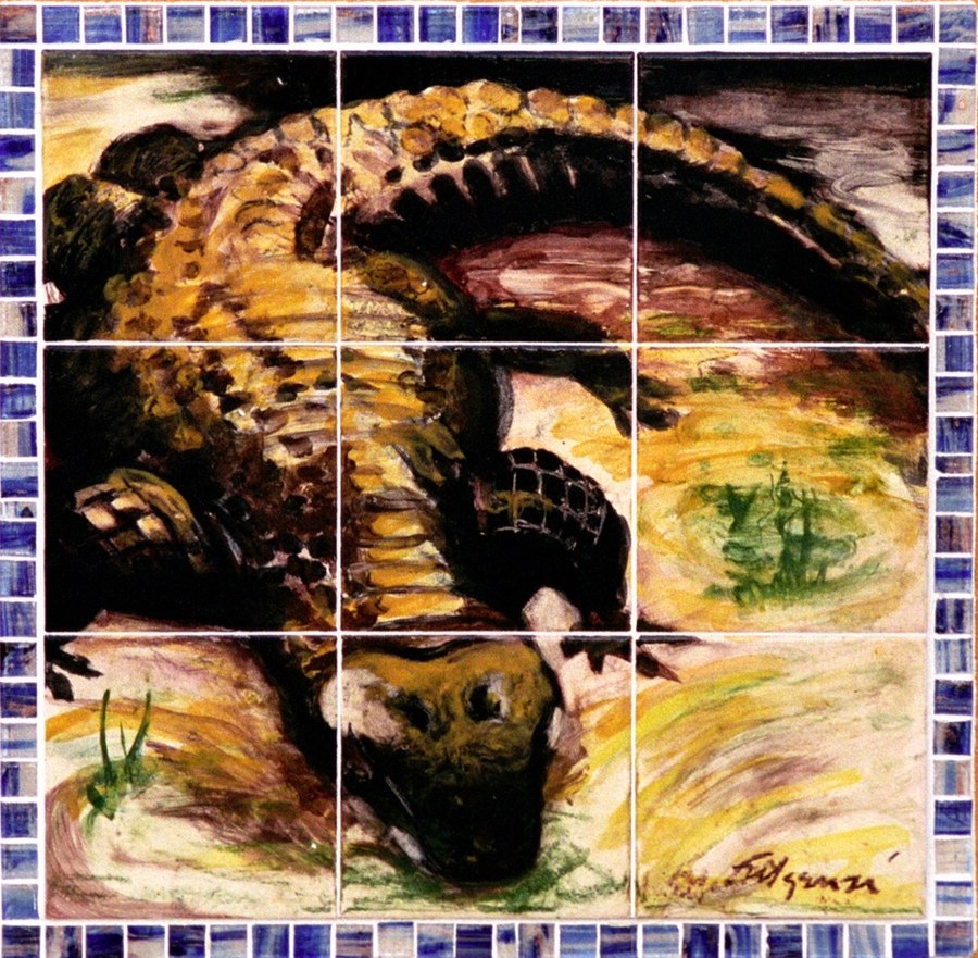 Individual narrative mosaic tile panel from the Historic Stuart tile mural, depicting Florida pioneer and native history scenes, by Maureen Fulgenzi — panel 10, Palm Beach, FL
