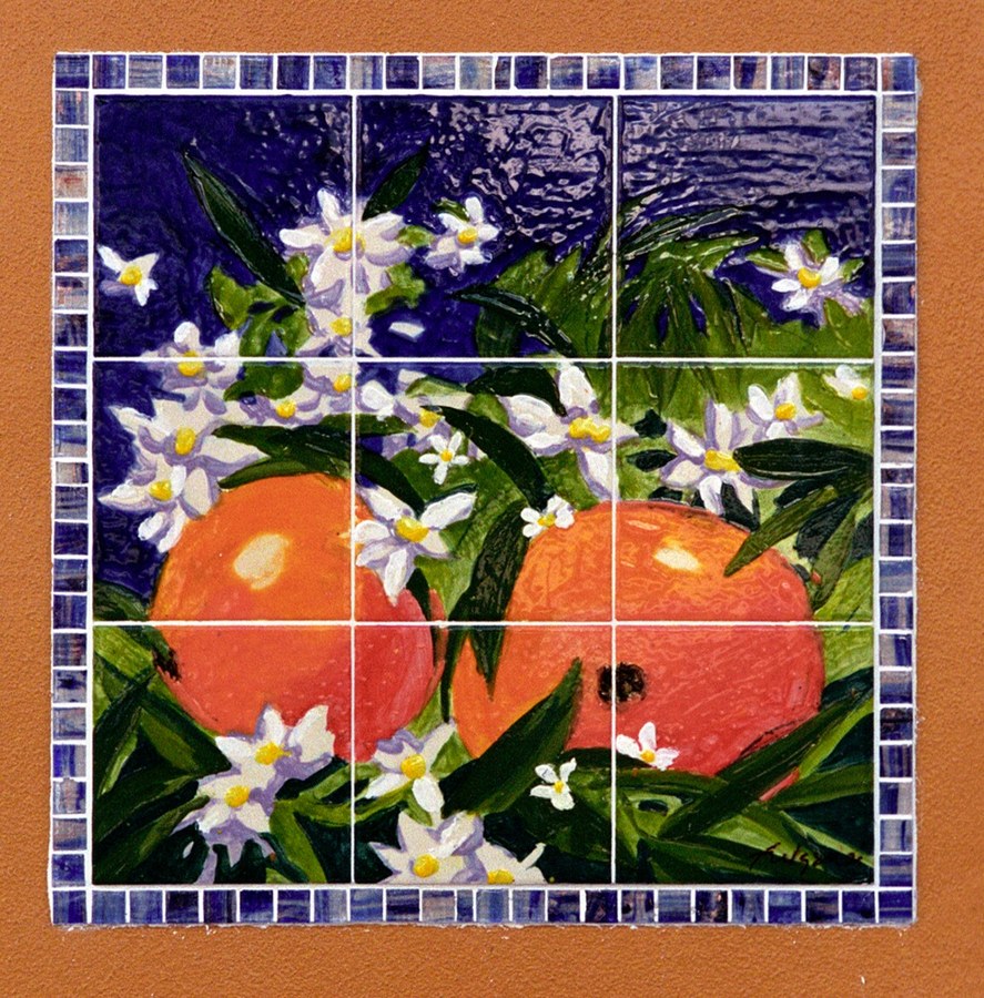 Individual narrative mosaic tile panel from the Historic Stuart tile mural, depicting Florida pioneer and native history scenes, by Maureen Fulgenzi — panel 12, Palm Beach, FL