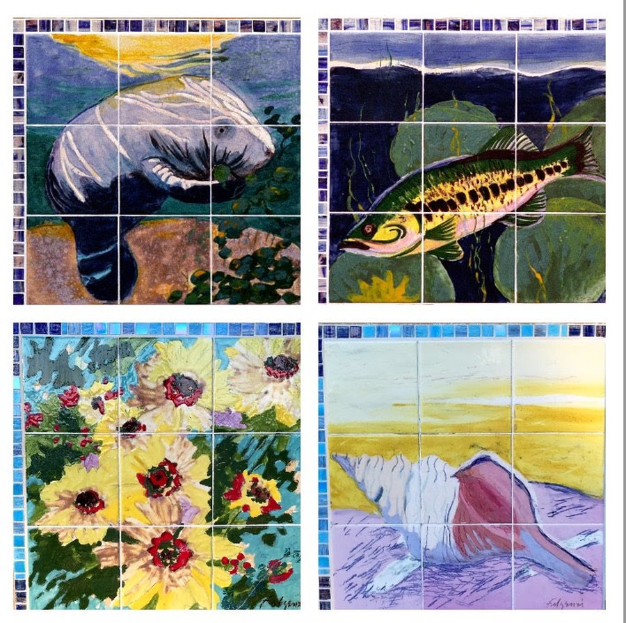 Individual narrative mosaic tile panel from the Historic Stuart tile mural, depicting Florida pioneer and native history scenes, by Maureen Fulgenzi — panel 14, Palm Beach, FL