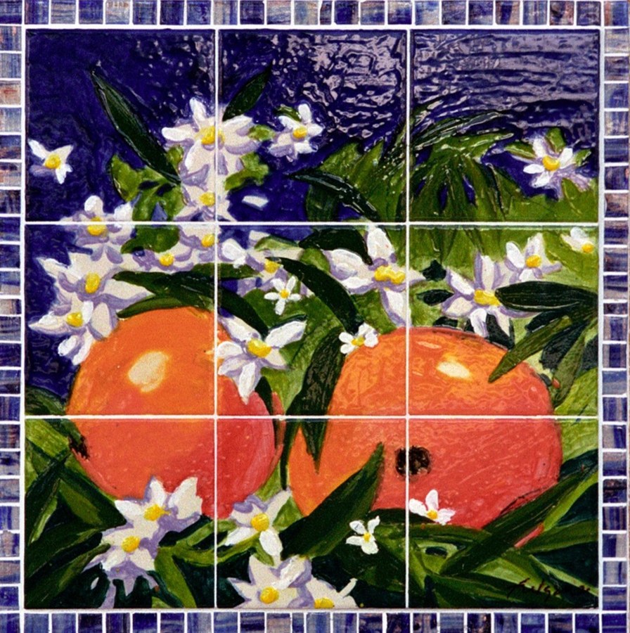 Individual narrative mosaic tile panel from the Historic Stuart tile mural, depicting Florida pioneer and native history scenes, by Maureen Fulgenzi — panel 16, Palm Beach, FL
