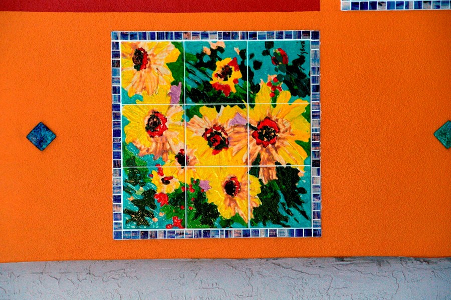 Wide installation view of the Historic Stuart tile mural on the downtown Stuart building facade, by Maureen Fulgenzi — view 17, Palm Beach, FL