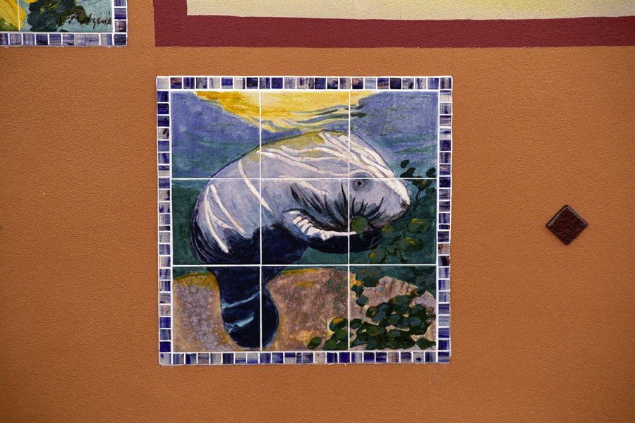 Wide installation view of the Historic Stuart tile mural on the downtown Stuart building facade, by Maureen Fulgenzi — view 18, Palm Beach, FL