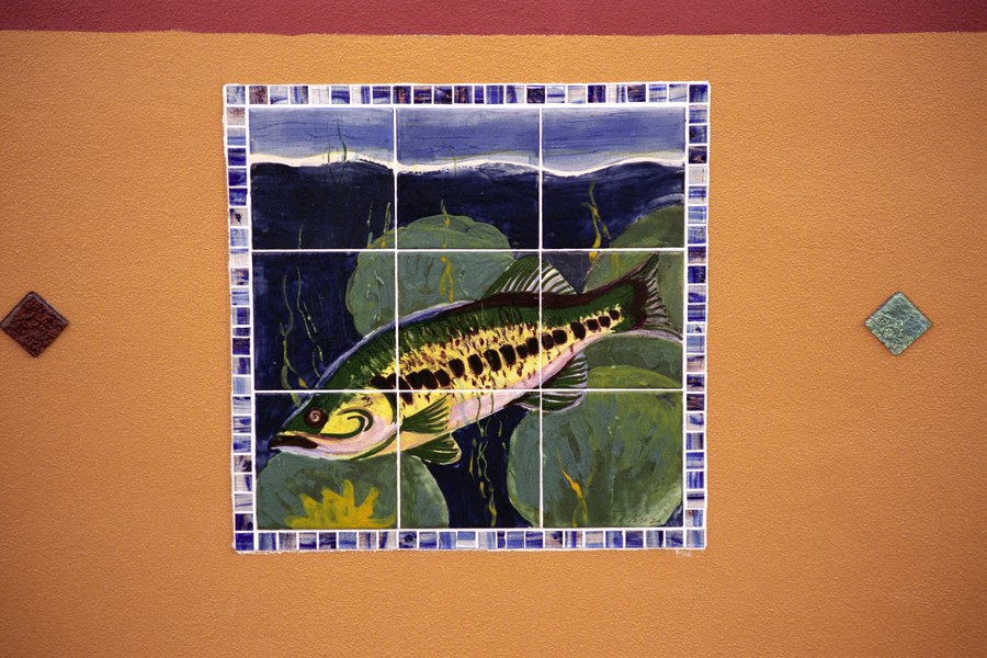 Wide installation view of the Historic Stuart tile mural on the downtown Stuart building facade, by Maureen Fulgenzi — view 19, Palm Beach, FL