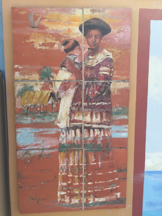 Individual narrative mosaic tile panel from the Historic Stuart tile mural, depicting Florida pioneer and native history scenes, by Maureen Fulgenzi — panel 2, Palm Beach, FL