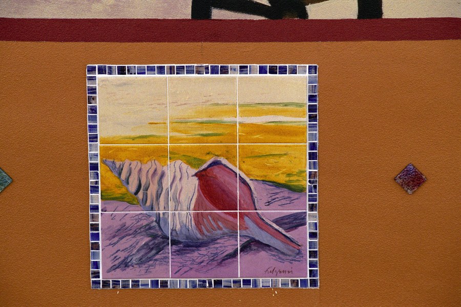 Wide installation view of the Historic Stuart tile mural on the downtown Stuart building facade, by Maureen Fulgenzi — view 20, Palm Beach, FL