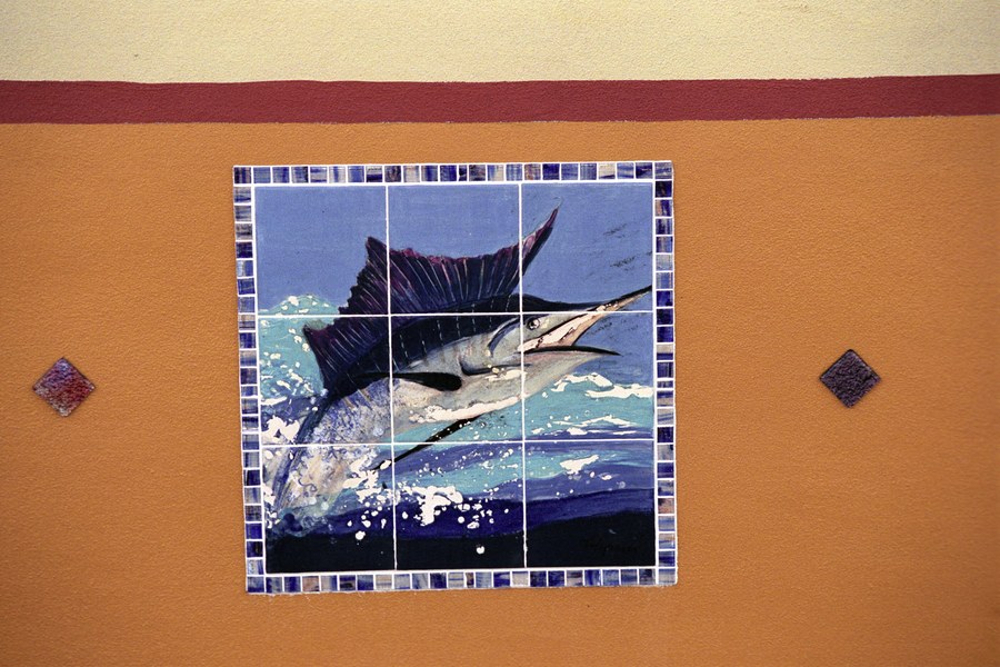 Wide installation view of the Historic Stuart tile mural on the downtown Stuart building facade, by Maureen Fulgenzi — view 21, Palm Beach, FL