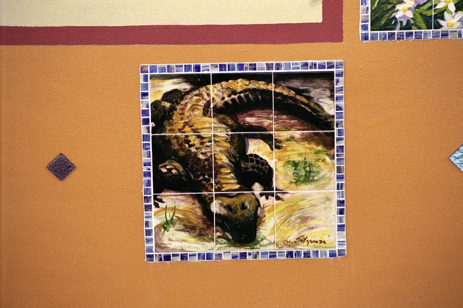 Wide installation view of the Historic Stuart tile mural on the downtown Stuart building facade, by Maureen Fulgenzi — view 22, Palm Beach, FL