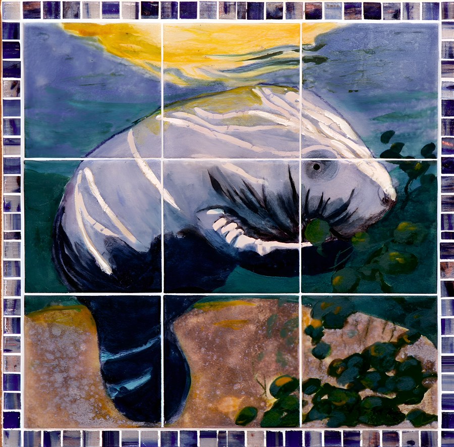 Manatee tile panel from the Historic Stuart mural sequence by Maureen Fulgenzi — Teal & gold palette, Palm Beach, FL