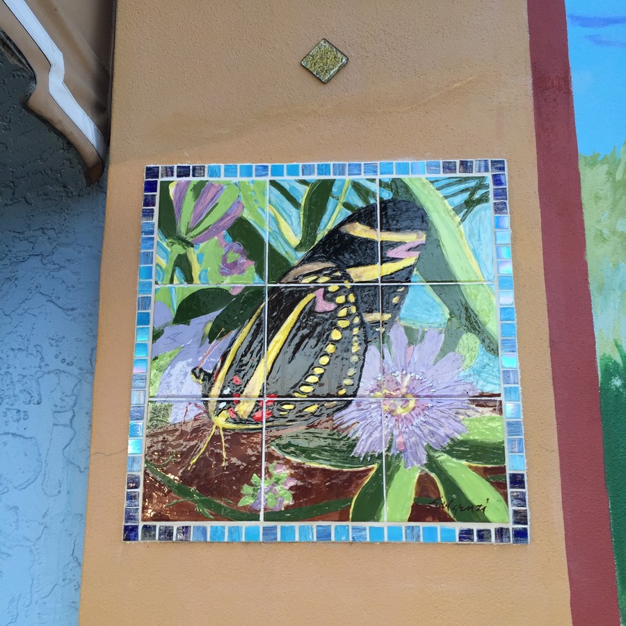 Individual narrative mosaic tile panel from the Historic Stuart tile mural, depicting Florida pioneer and native history scenes, by Maureen Fulgenzi — panel 4, Palm Beach, FL