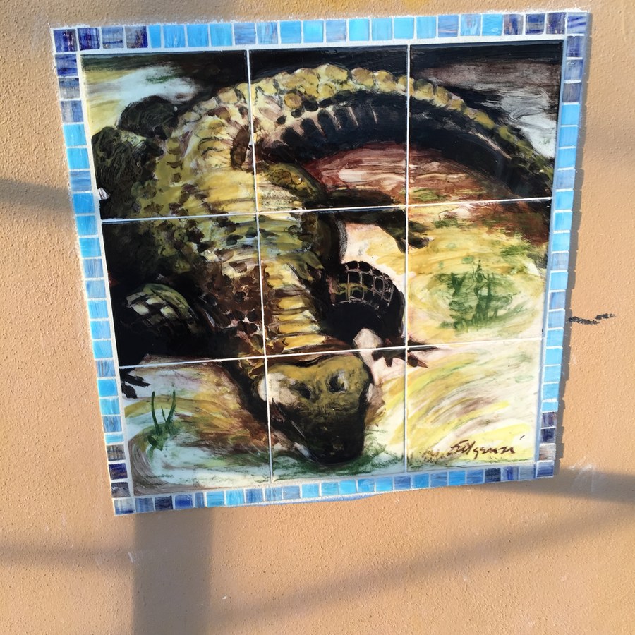 Individual narrative mosaic tile panel from the Historic Stuart tile mural, depicting Florida pioneer and native history scenes, by Maureen Fulgenzi — panel 5, Palm Beach, FL
