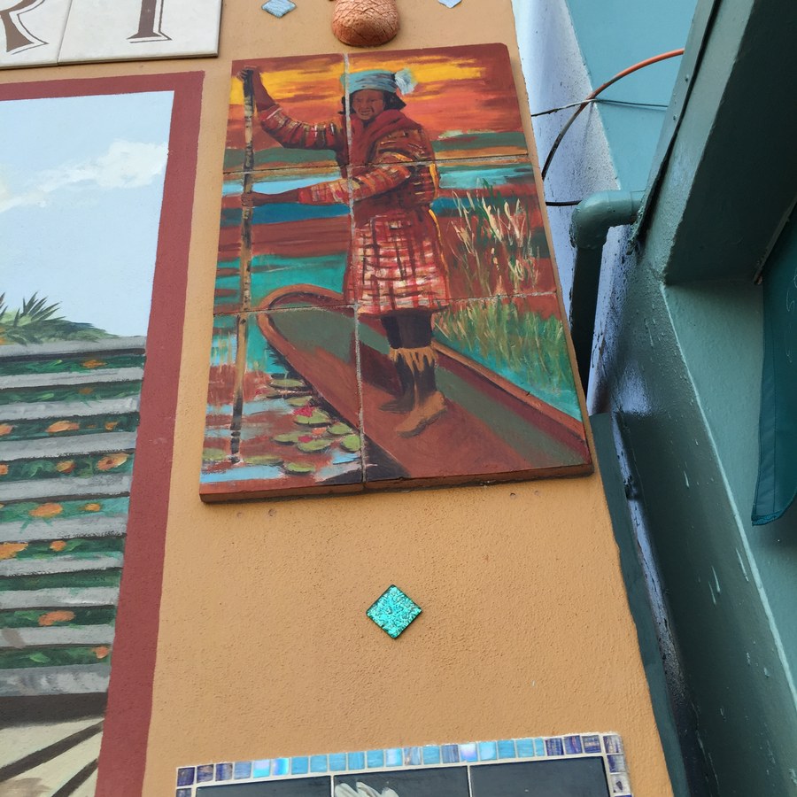 Individual narrative mosaic tile panel from the Historic Stuart tile mural, depicting Florida pioneer and native history scenes, by Maureen Fulgenzi — panel 8, Palm Beach, FL