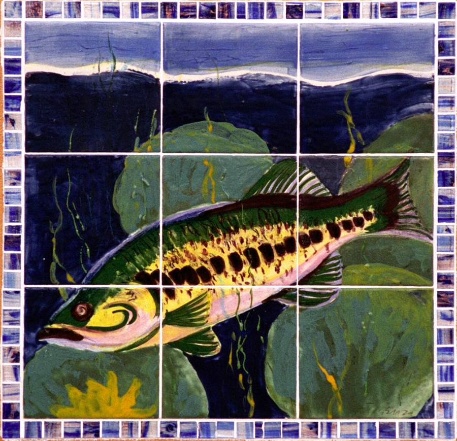 Individual narrative mosaic tile panel from the Historic Stuart tile mural, depicting Florida pioneer and native history scenes, by Maureen Fulgenzi — panel 9, Palm Beach, FL