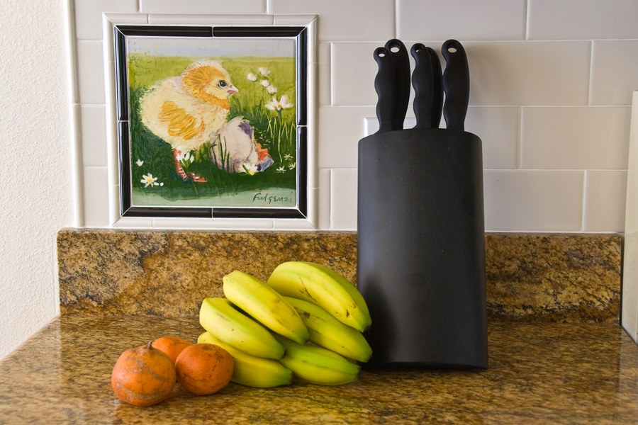 Same baby chick hand-painted tile, wider kitchen backsplash view, by Maureen Fulgenzi — Yellow & white palette, Palm Beach, FL