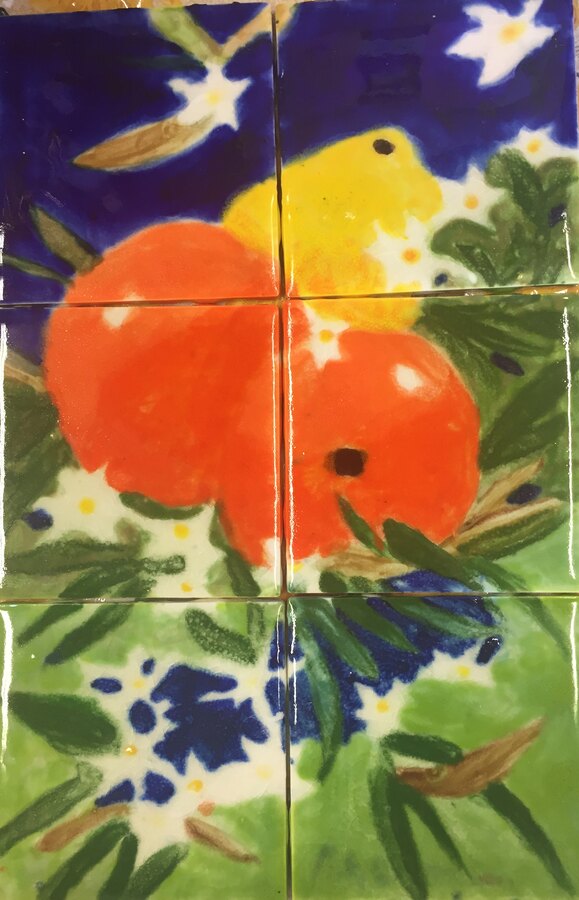 Realistic Orange tree branch with fruit hand-painted tile by Maureen Fulgenzi — Orange & blue palette, Palm Beach, FL