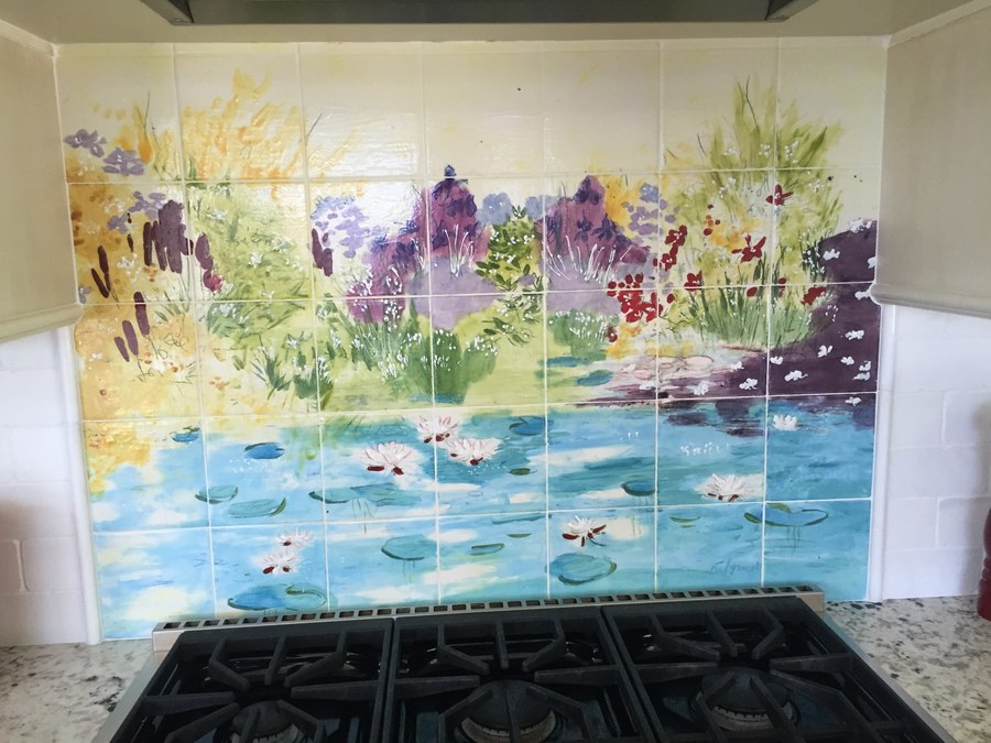 Realistic Lily pond scene hand-painted tile by Maureen Fulgenzi — Blue & green palette, Palm Beach, FL
