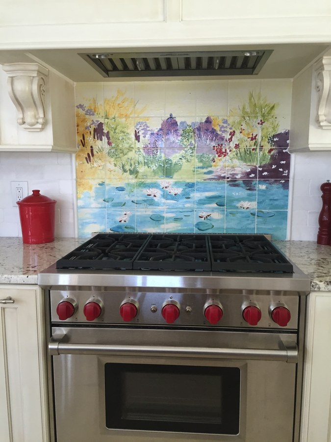 Same lily pond hand-painted tile, additional installation view, by Maureen Fulgenzi — Blue & green palette, Palm Beach, FL